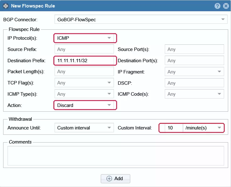 Filled WanGuard FlowSpec rule: ICMP to 11.11.11.11/32, Action Discard, custom interval 10 minutes