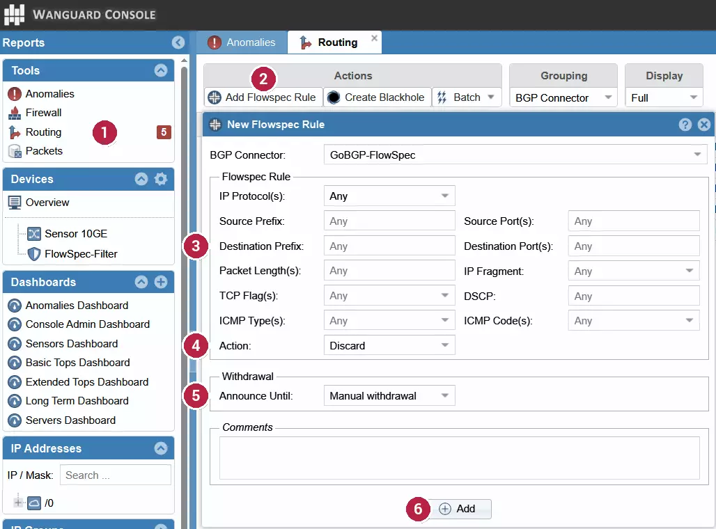 WanGuard Console — six numbered steps to add a BGP FlowSpec rule by hand