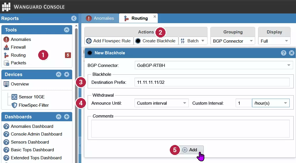 WanGuard Console — five numbered steps to add an RTBH blackhole by hand