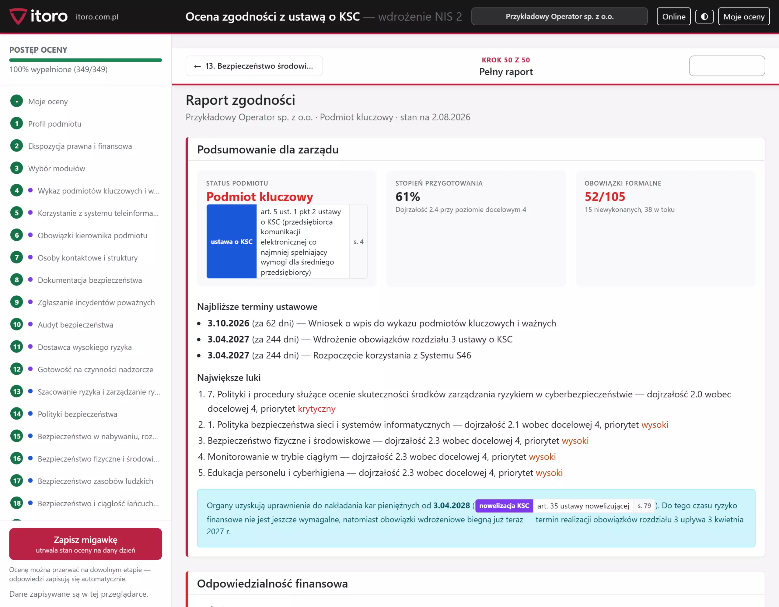 Przykładowy raport zgodności z ustawą o KSC — podsumowanie dla zarządu: status podmiotu (podmiot kluczowy), stopień przygotowania, obowiązki formalne, najbliższe terminy ustawowe i największe luki.