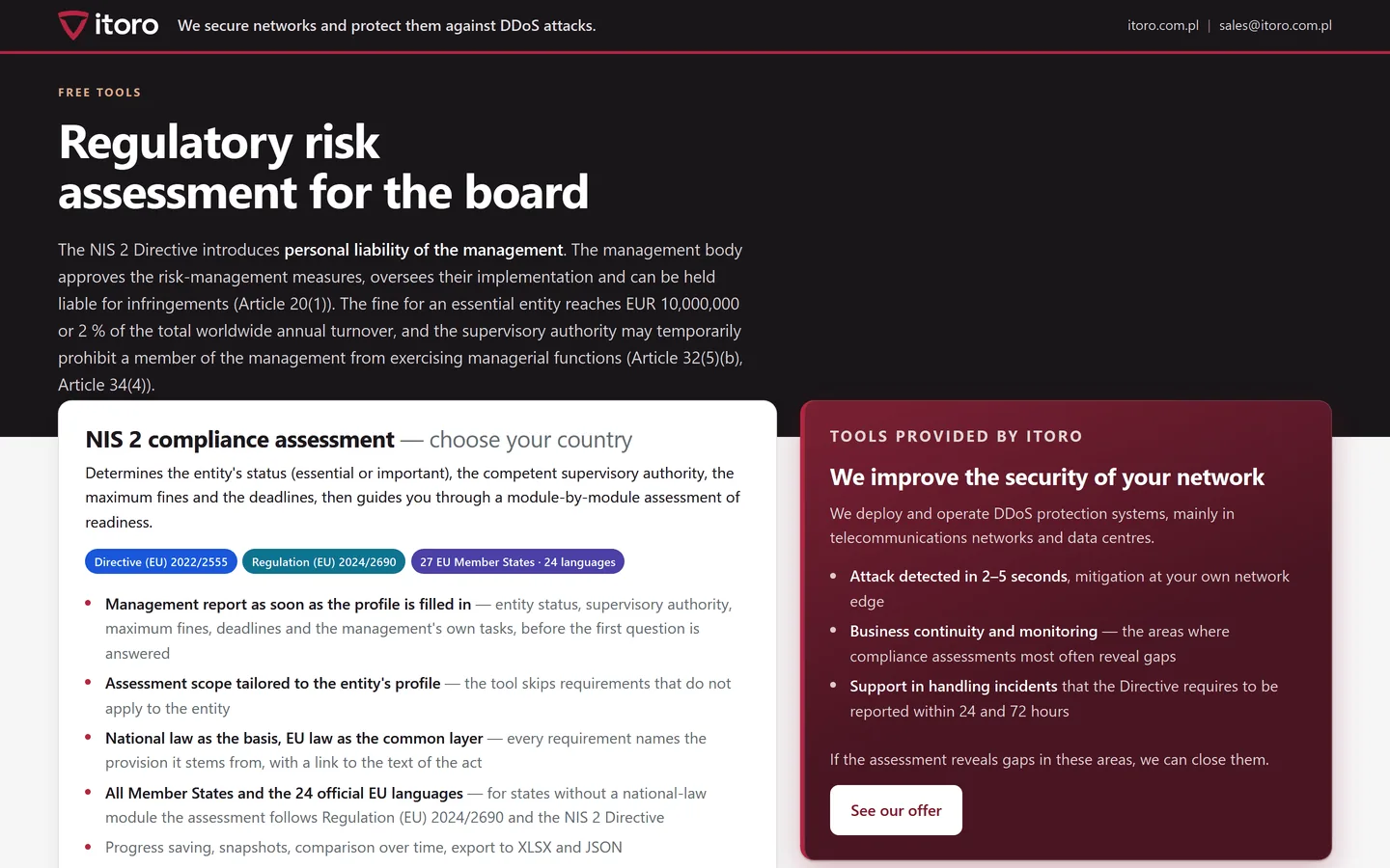 Start page of the NIS 2 compliance assessment tool