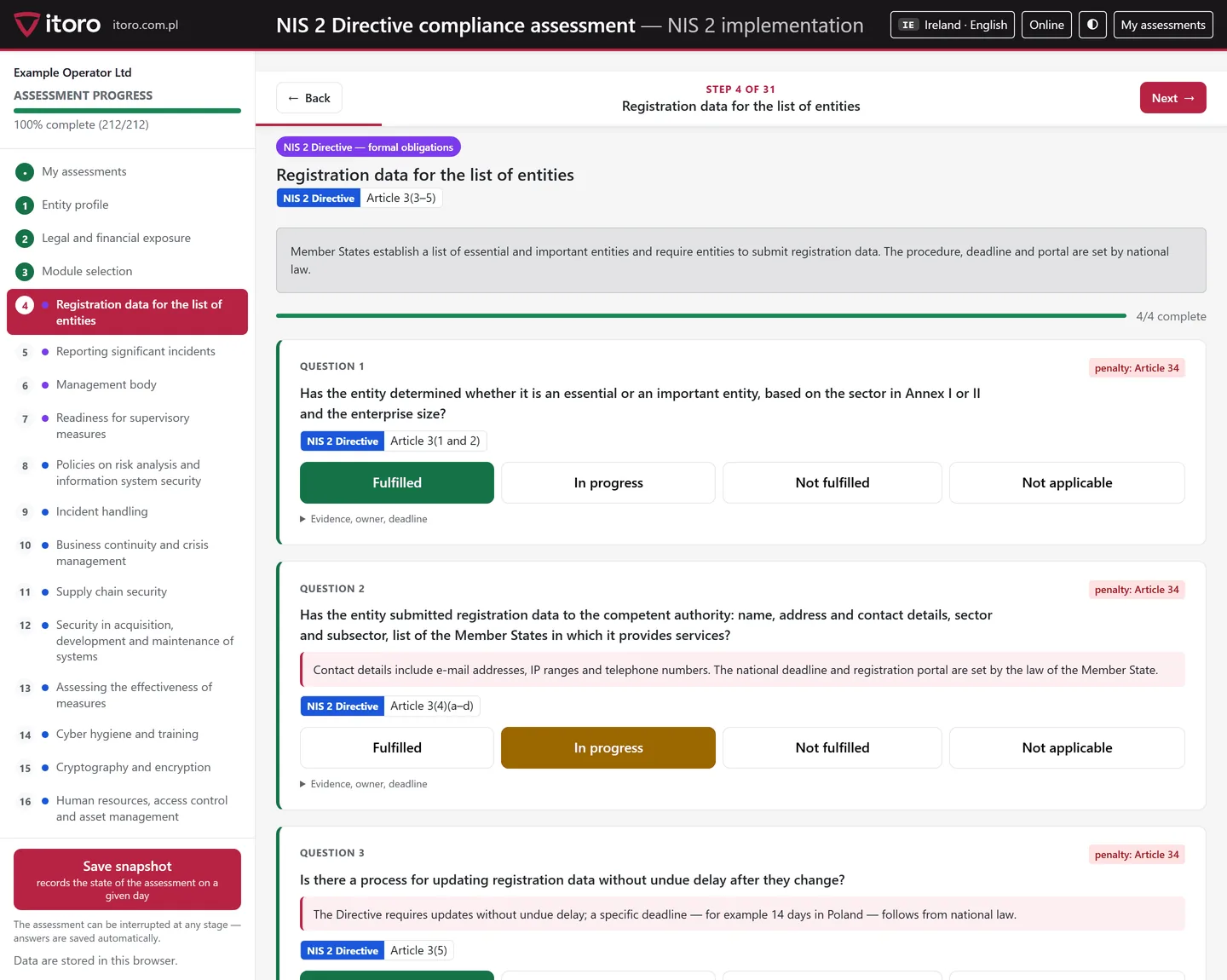 Questionnaire with the legal basis for each question