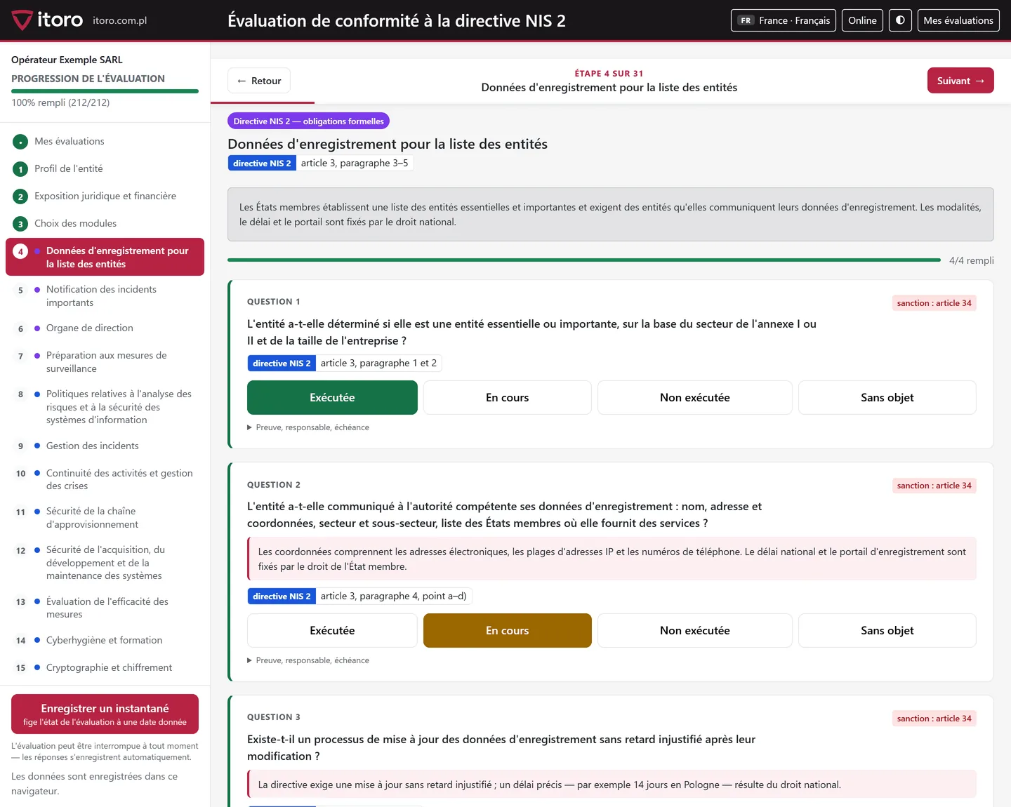 Questionnaire avec la base juridique de chaque question