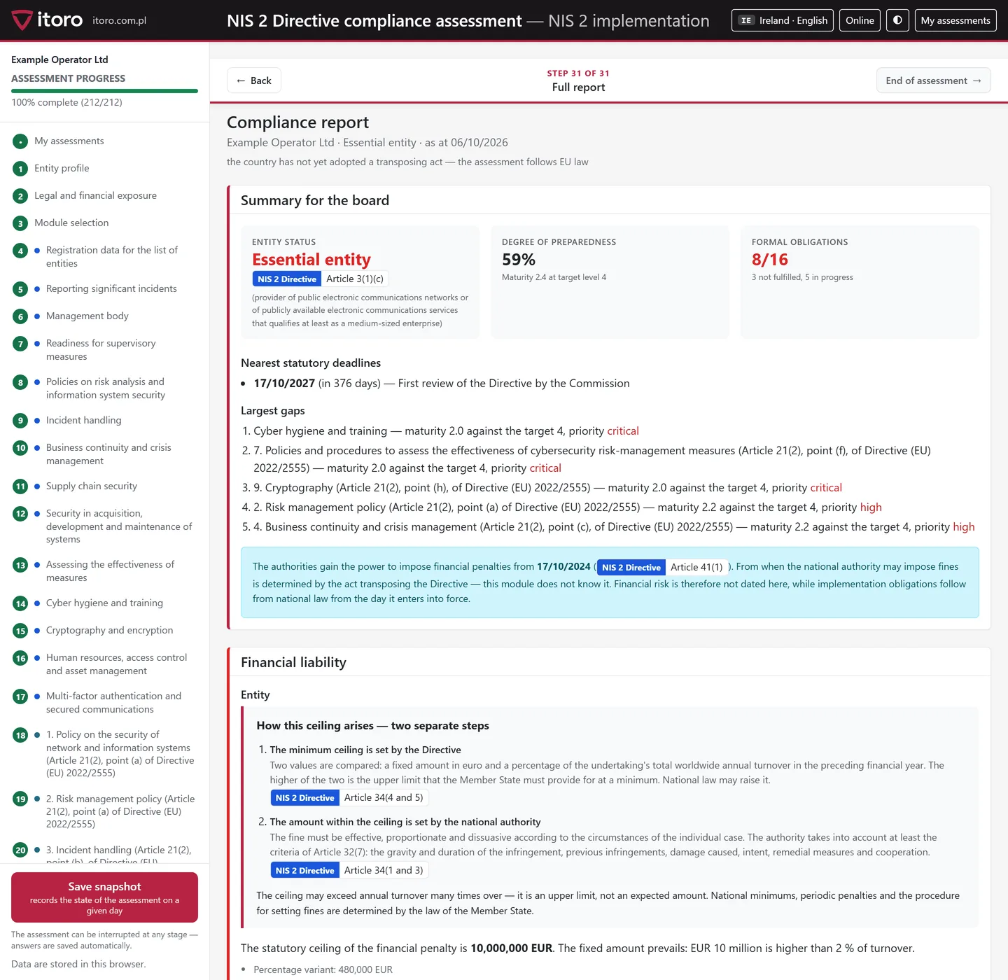 NIS 2 compliance report for a fictional operator
