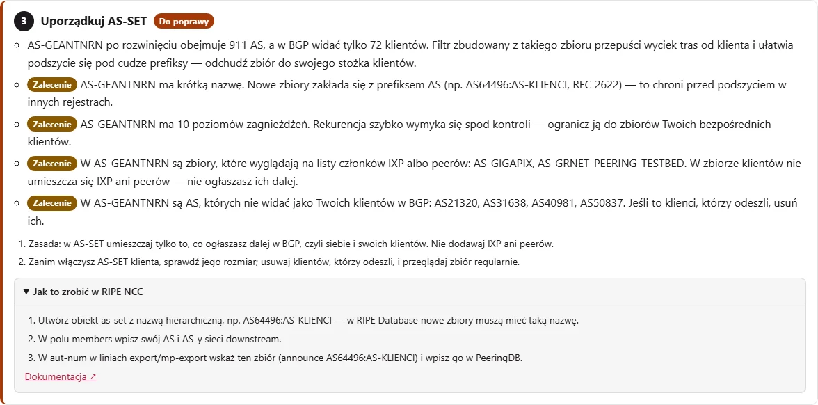 Krok planu działań dotyczący AS-SET-u sieci badawczej