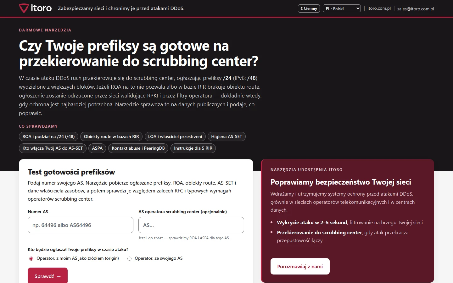 Strona startowa testu gotowości na scrubbing center