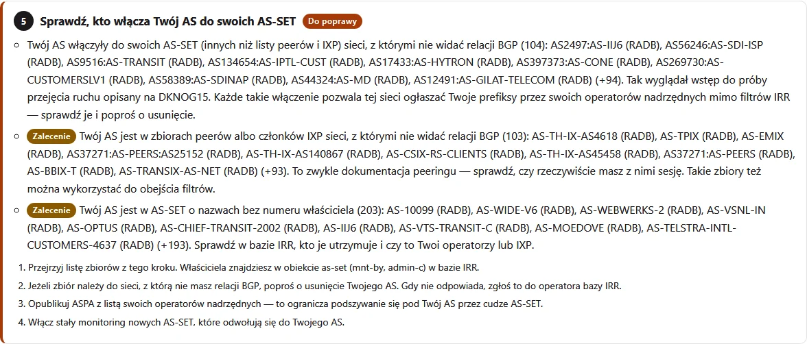 Lista AS-SET-ów, które zawierają sprawdzany AS