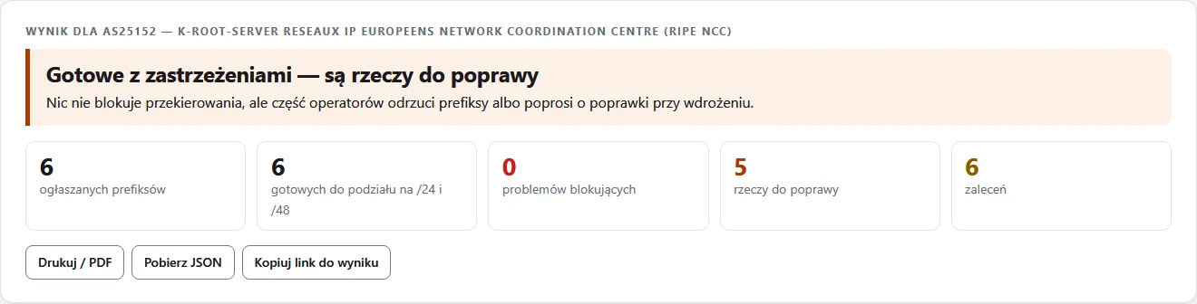 Werdykt i liczniki dla przykładowej sieci